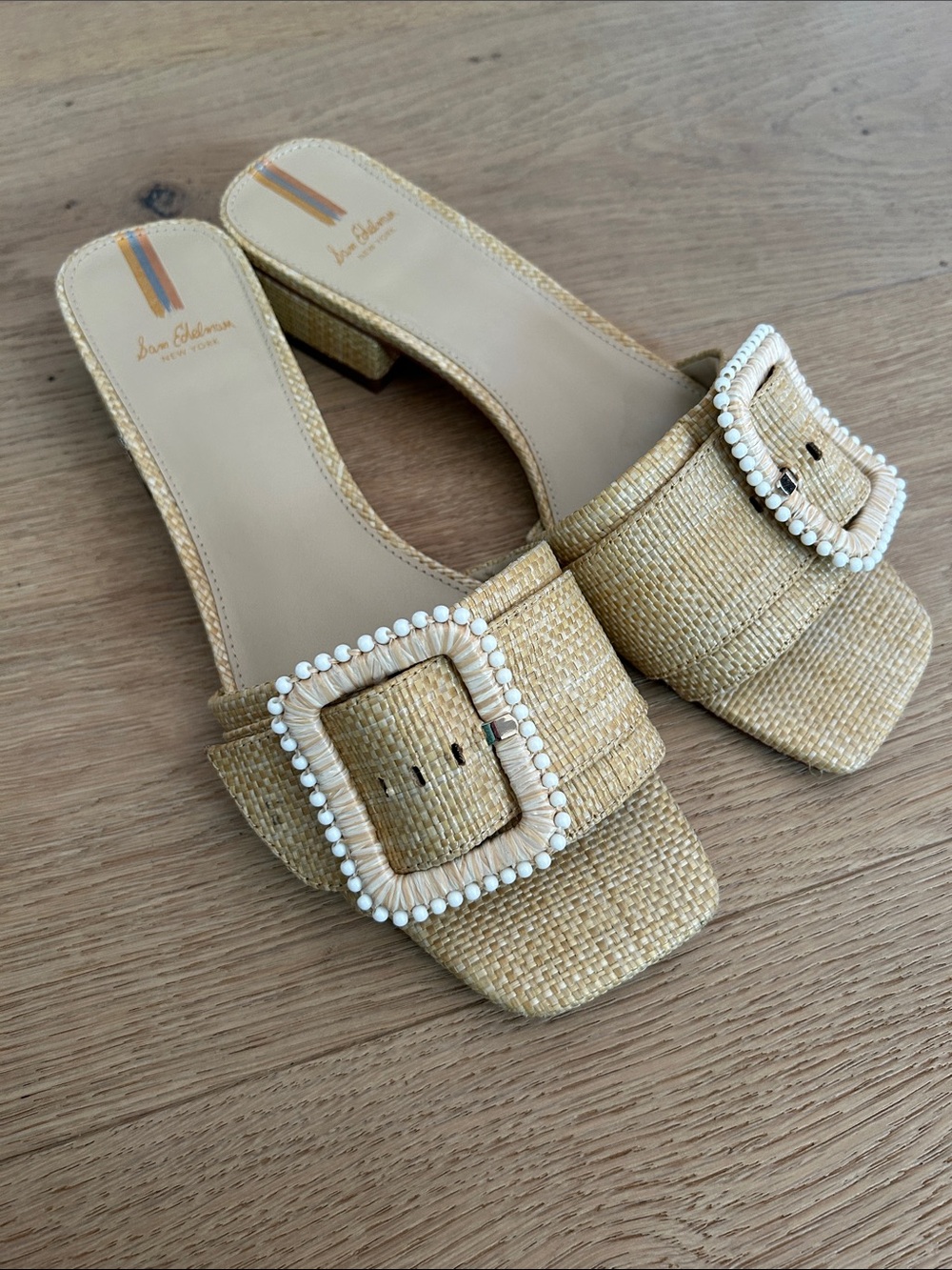 Sam Edelman Natural Raffia Slide Mules with Beaded Buckle